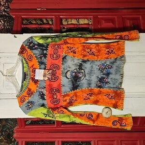 NWT BARES Womens Long Sleeve Cotton Tie Dye Orange Green Embroidered Top